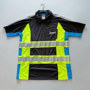 Aramark Sysco Mens High Vis Reflective Work Polo Shirt Black Yellow Size Large